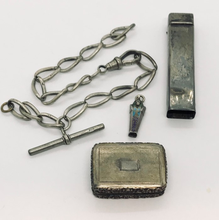 A hallmarked silver vinaigrette (A/F), also a part silver vesta case, enamelled SCM sarcophagus with