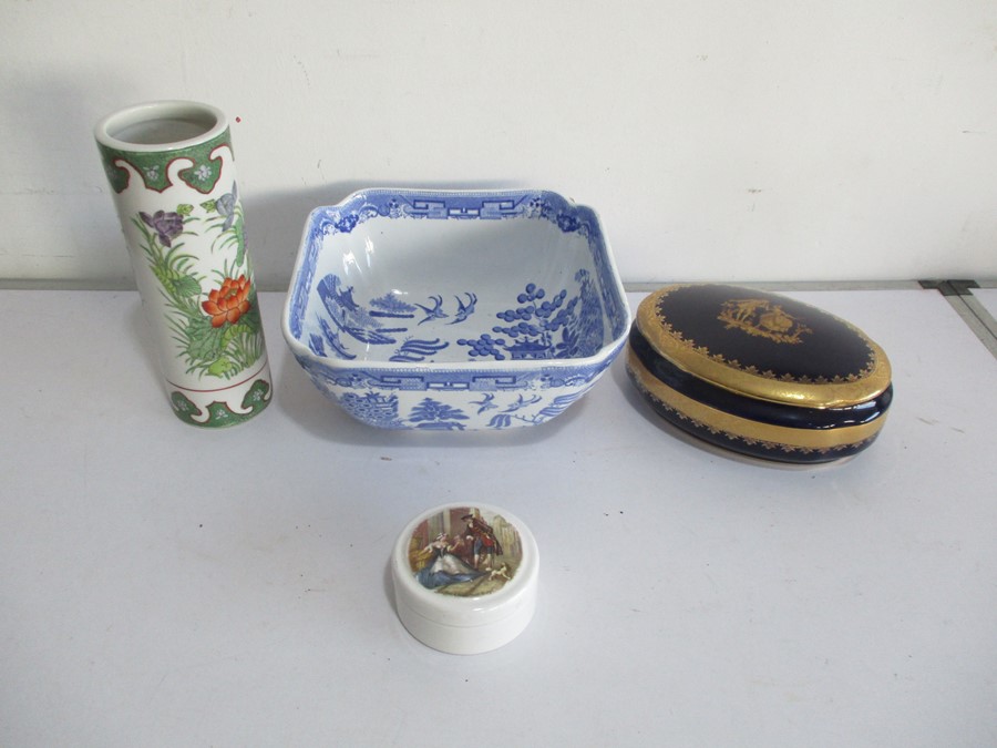 A Spode blue and white bowl, along with a Limoges lidded pot, oriental vase etc