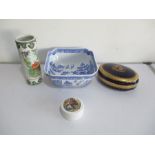 A Spode blue and white bowl, along with a Limoges lidded pot, oriental vase etc