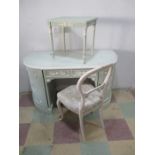 A bow fronted painted dressing table, chair and stool