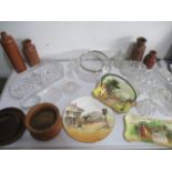 A collection of glassware, eathernware and wooden bowls including a silver rimmed bowl along with