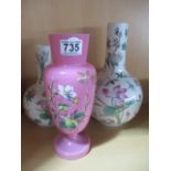 TTwo Chinese vases decorated with insects etc. along with a pink glass vase