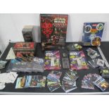 A collection of Star Wars items including collectors cards, Panini stickers, figures "Bendems" etc.