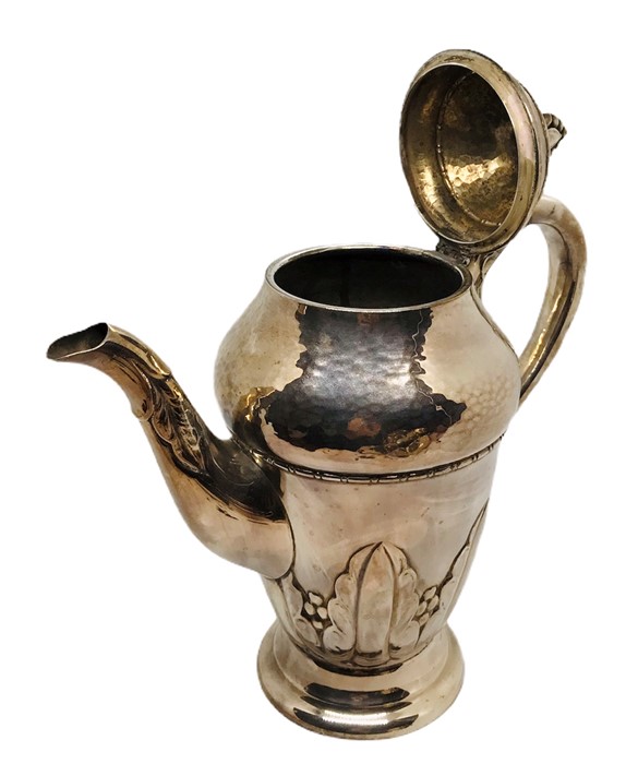 An Arts and Crafts silver plated coffee pot, sugar bowl, and cream jug with hammered detailing, - Image 4 of 4