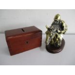 A Victorian money box along with a modern brass style bust of a show jumper on horseback
