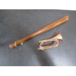 A copper & brass horn, along with wooden bat