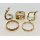 A pair of gold earrings, ring and wedding band (all 9ct 9.9g) along with an 18ct gold wedding band