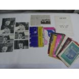 A collection of vintage theatre programmes, along with The Beatles postcards, newspaper clippings