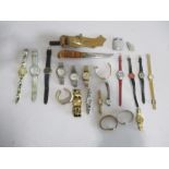 A collection of various watches including Next, Lorus etc, along with a lighter, brooch and knife