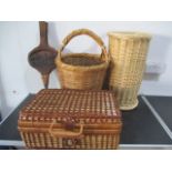 A wicker umbrella stand, carved wooden bellows, part picnic set etc.