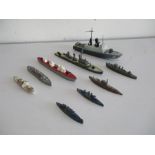 A collection of various die-cast ships including a Dinky submarine chaser, Matchbox Sea Kings etc