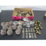 A collection of Victorian glass and wooden door handles along with glass keyhole covers etc.