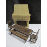 Dolls house Medieval themed furniture including refrectory table and benches, pair of Wainscot