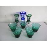 Three Val Saint Lambert glass vases, along with five glass cups