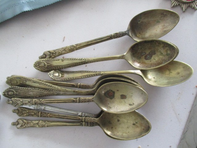 A collection of silver plated items including lighter, candle snuffer, coffee spoons etc. - Image 9 of 11