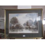 A watercolour of a church by a lake, signed Anthony Waller