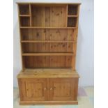 A pine bookcase with two door cupboard under