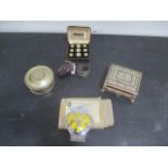 A collection of various items including Christian Dior pot, Islamic box containing Naval buttons
