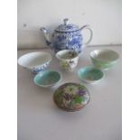 A collection of Oriental porcelain and metalware including a cloisonne pot and cover, tea bowl,