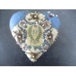 A Victorian beadwork heart shaped pin cushion/sweetheart cushion with regimental crest for Queens,
