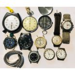 A collection of various watches along with a Heuer stopwatch and one other
