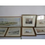 A collection of seven various framed watercolours and oils, all of coastal and boats scenes.