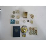 A small collection of miscellaneous items including an AA car badge, coins, watches, brooches etc