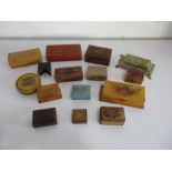 A small collection of stamp boxes including poker work, Mauchlin ware etc