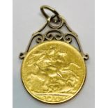 A 1910 full sovereign set as a gold pendant total weight 9g