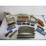 A collection of Hornby Dublo railway including a locomotive, carriages, rolling stock, station,