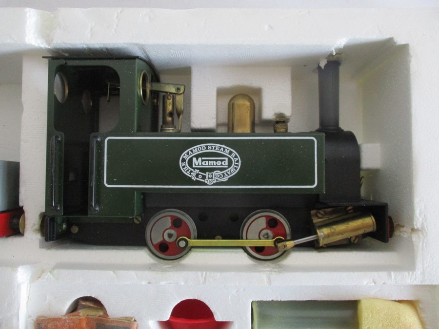 A boxed Mamod Steam Train Railway set including the locomotive, open wagon, lumber truck etc - Image 3 of 10