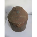 An antique military metal hat box named too C.R.G Wilkinson (Royal Navy), made by Gieves