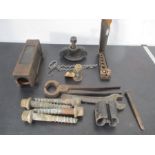 A collection of railway related items including a brass cylinder pressure release valve, carriage