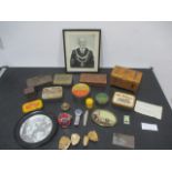 A collection of various items including tins, watches, pictures, four small meteorites etc