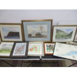 A collection of paintings including a Clive Pryke watercolour and others
