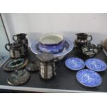 A Willow pattern large bowl, jardinière along with various Victorian tea pots etc.