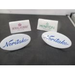 Four china point of sale display signs for Noritake, Royal Albert (A/F) and Mint
