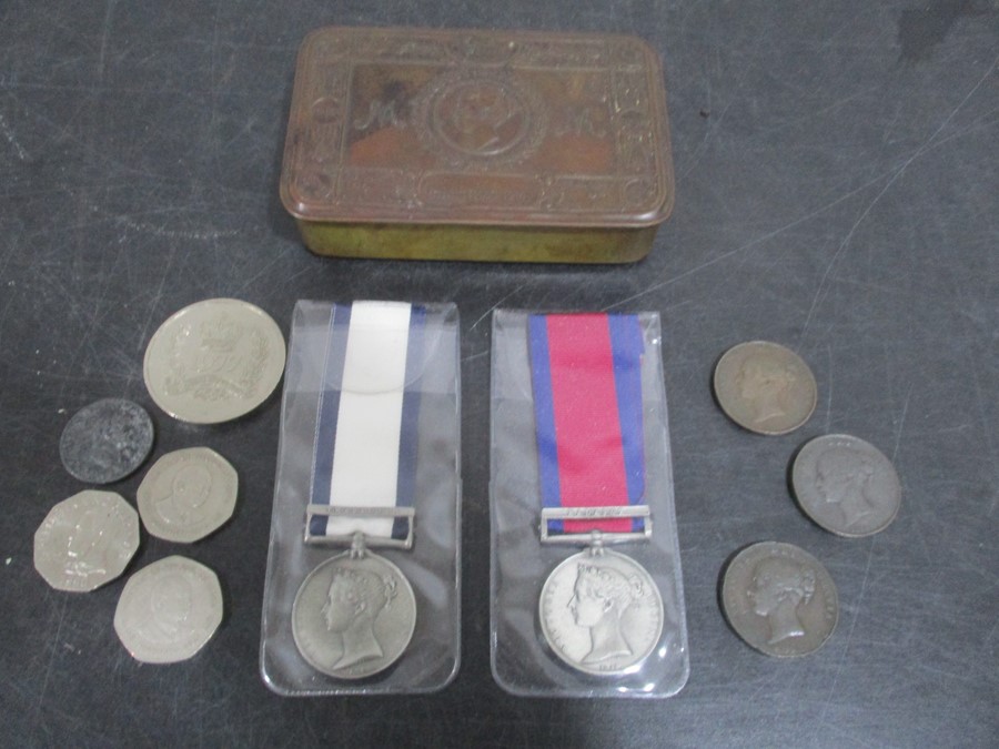 A Queen Mary Christmas tin, reproduction pair of Napoleonic medals, coins etc.