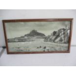 A framed black & white photograph railway carriage print (GWR) of St Michaels Mount, Penzance.