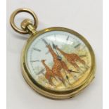 A gold plated Elgin pocket watch, the dial hand painted with giraffes on the savannah