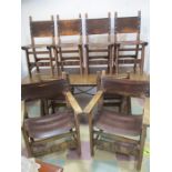 A Spanish table and 8 leather covered chairs, table 200cm length