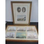 Two prints featuring historical naval ships, Thomas Cromwell etc.