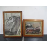 Two oil paintings of nudes in burr maple frames