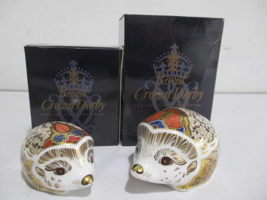 A pair of Crown Royal Derby paperweights in the form of Hedgehogs