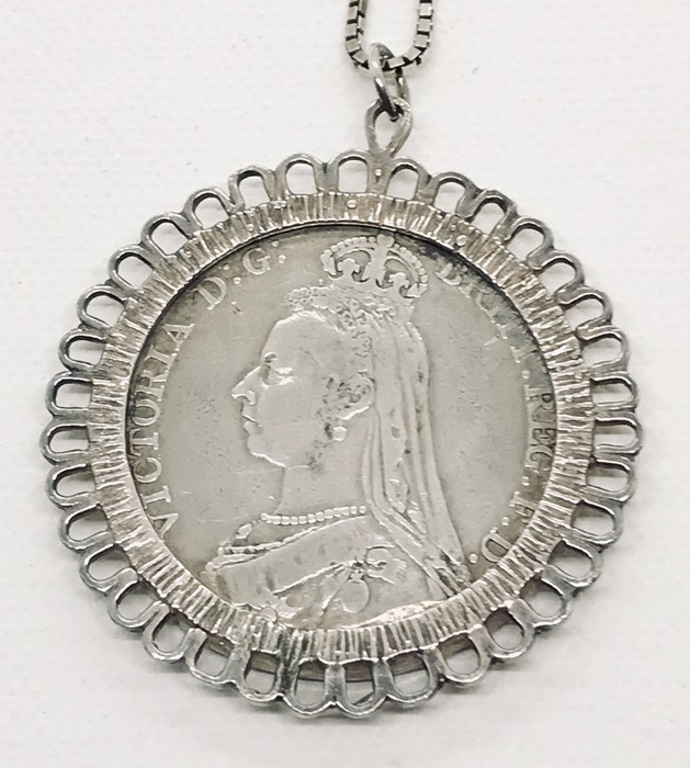 A Victorian 1889 Crown in pendant mount and silver chain. Total weight 44.9g - Image 2 of 3