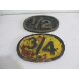Two cast iron mile post (1/2 mile & 3/4 mile) railway signs