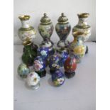 A collection of cloisonne items, vases, ginger jars, eggs etc.