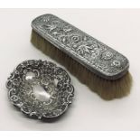 A hallmarked silver pin dish along with an SCM brush