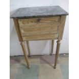 An antique French style pine pot cupboard with marble top and tramp art style decoration