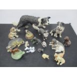 A collection of animal ornaments including large resin border collie etc.